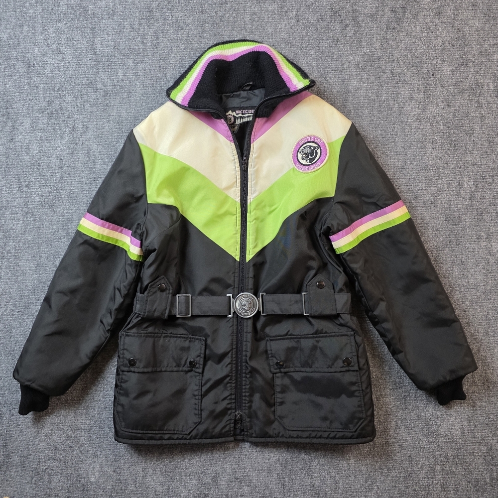 Arctic Wear Insulated Nylon Puffer Black Neon Green Purple M Metal Buckle